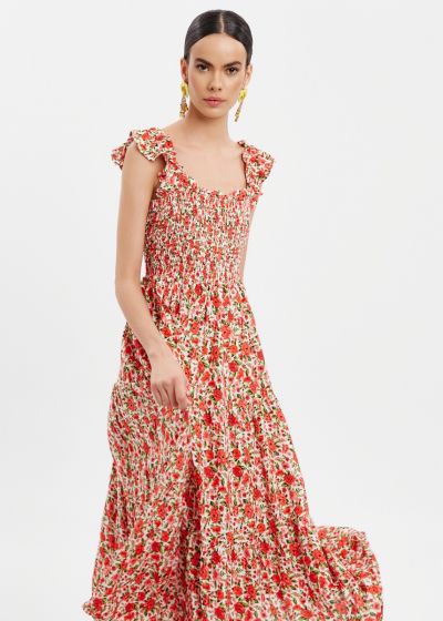 Φόρεμα midi με floral μοτίβο και σφηκοφωλιά - Κοραλί