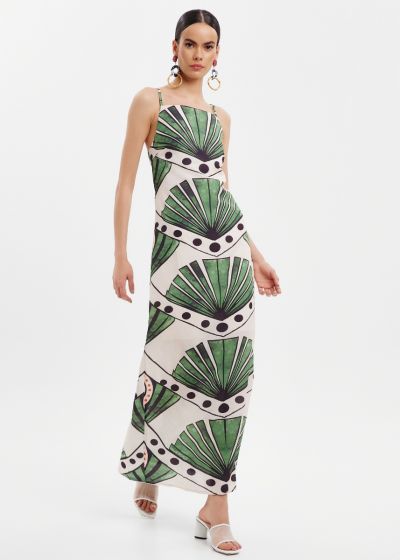 Φόρεμα μακρύ με τιράντες και εμπριμέ μοτίβο - Πράσινο