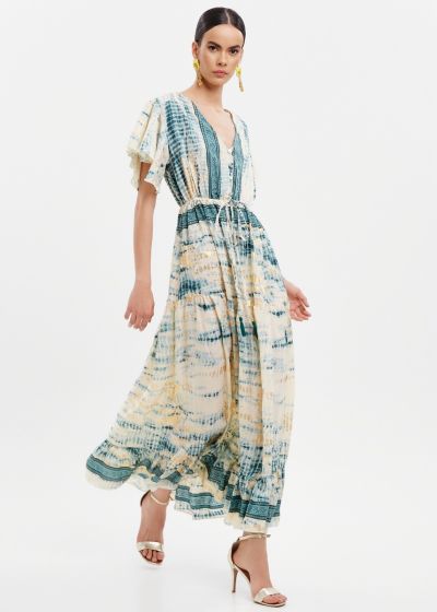 Φόρεμα με τύπωμα tie dye και μεταλλιζέ λεπτομέρειες - Πετρόλ