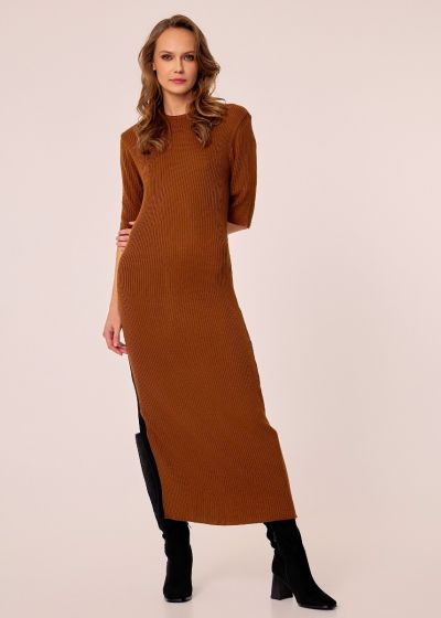 Knit jumper dress with short sleeves - Brown