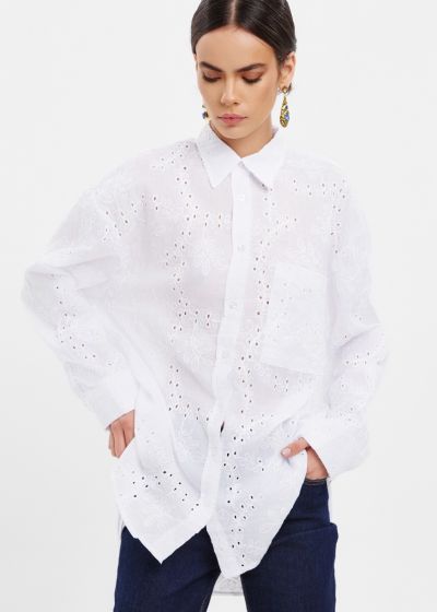 Cotton shirt with cutwork embroidery details - White
