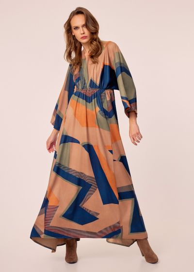 Printed dress with square sleeves - Khaki