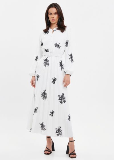 Embroidered pleated maxi dress with belt  - White