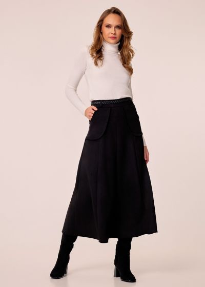 Midi skirt with faux suede touch and pockets - Black