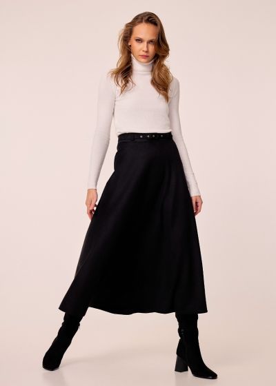 Midi skirt with faux suede touch and belt - Black