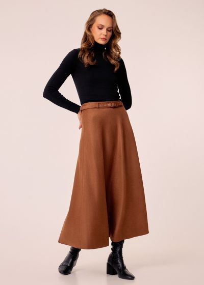 Midi skirt with faux suede touch and belt - Camel