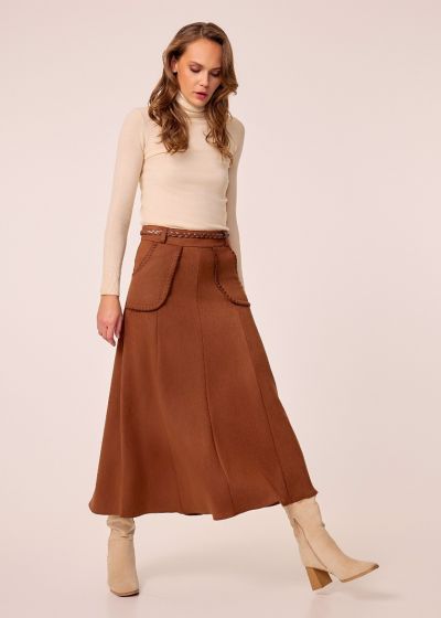 Midi skirt with faux suede touch and pockets - Camel