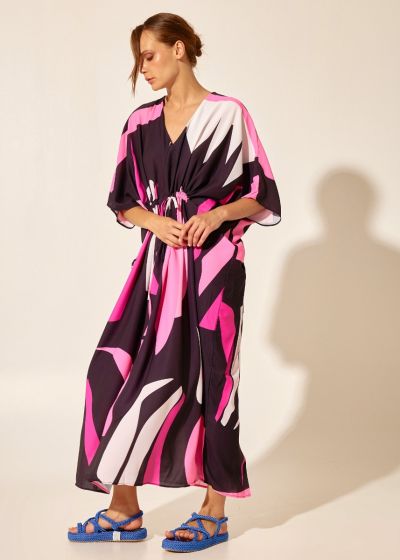 Φόρεμα - καφτάνι με γεωμετρικό σχέδιο και ζώνη - Φούξια