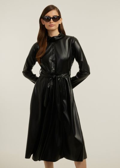 Μidi dress with leather effect - Black