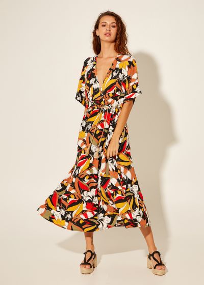 Pattern-full and Belt Wrap Dress - Red