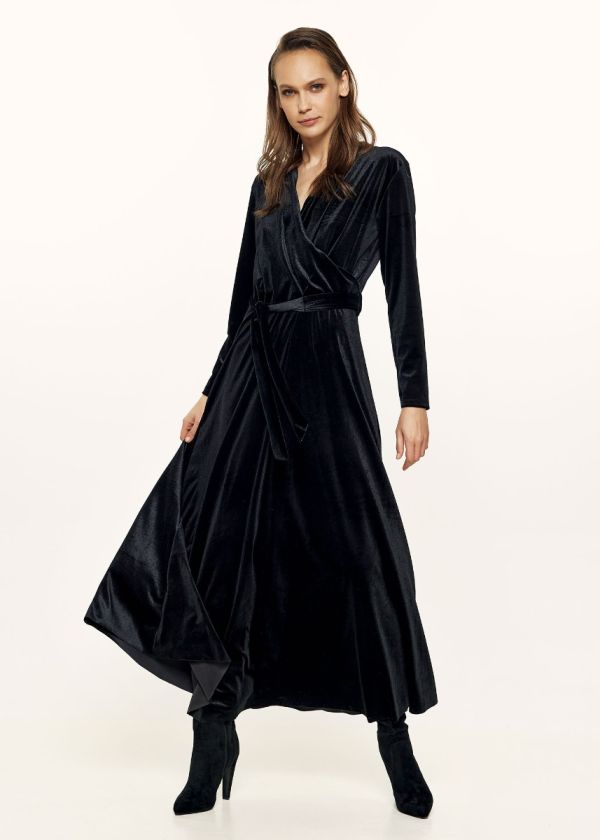 Long velvet dress with belt - Black