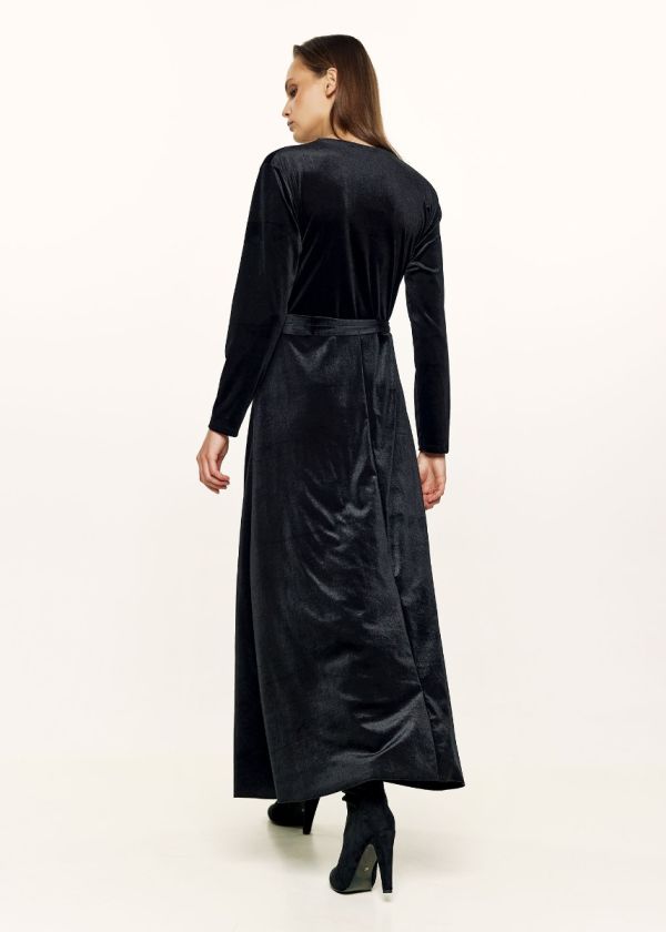 Long velvet dress with belt - Black