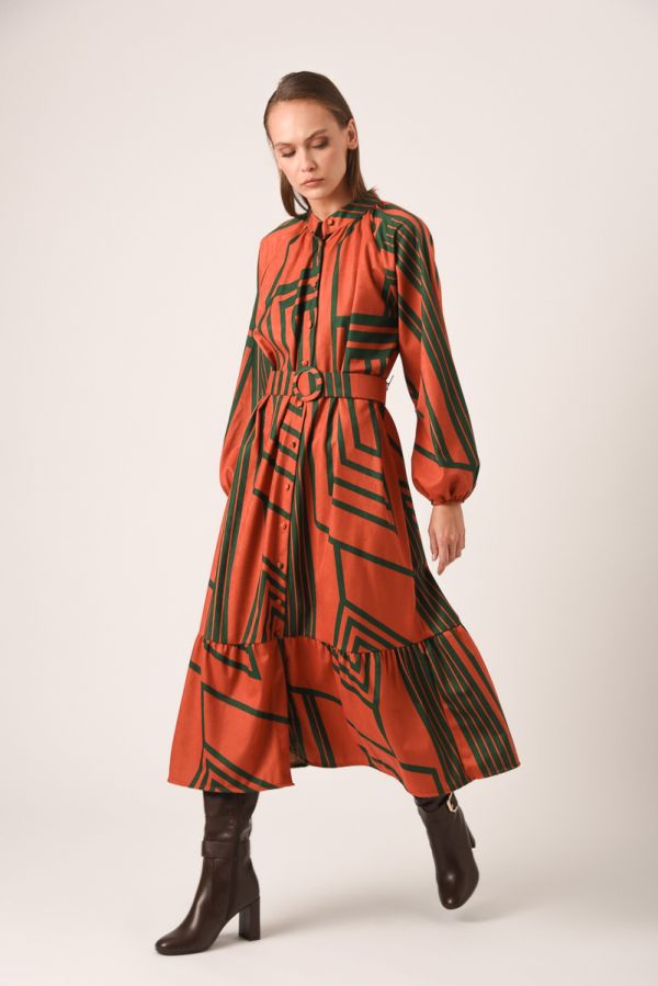  Buttoned dress with geometric Print - Αuburn 