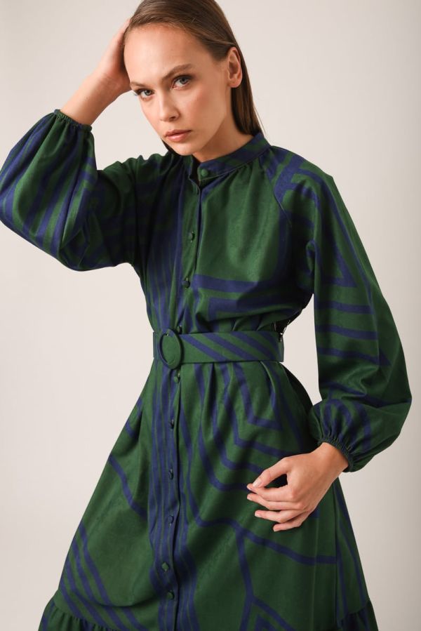 Buttoned dress with geometric Print - Green