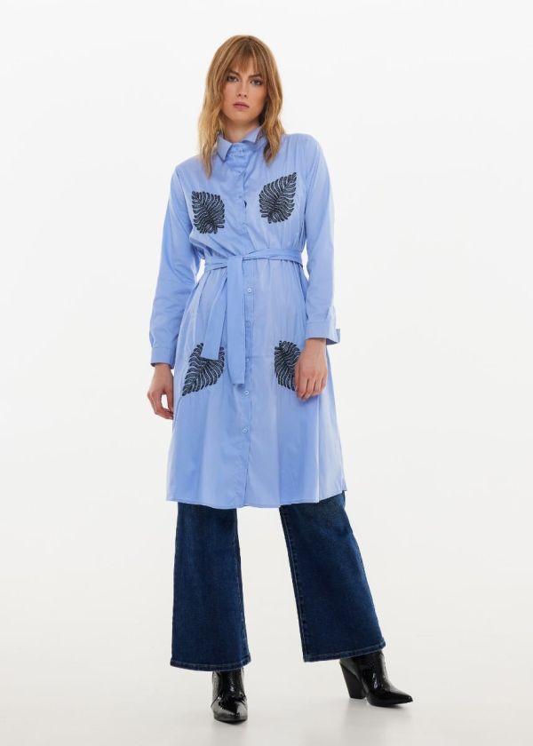 Shirt dress with embroidery design - Light Blue