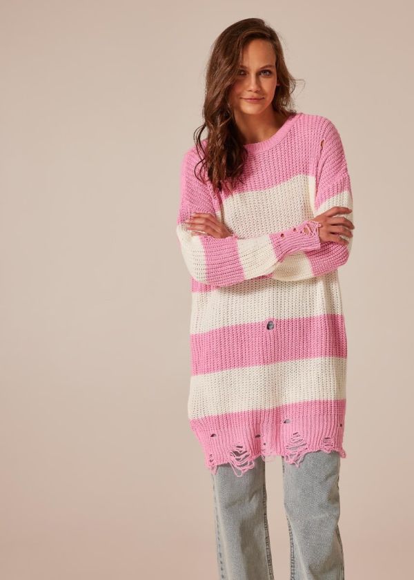 Knitted striped blouse-dress with slits - Pink