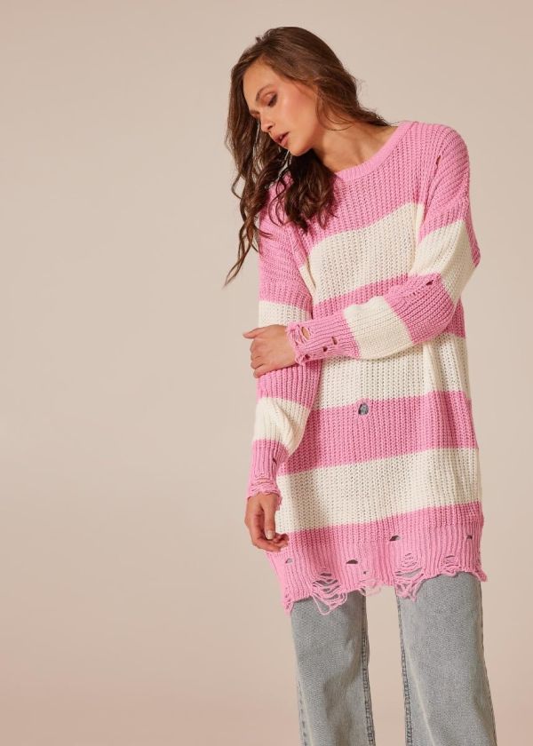 Knitted striped blouse-dress with slits - Pink